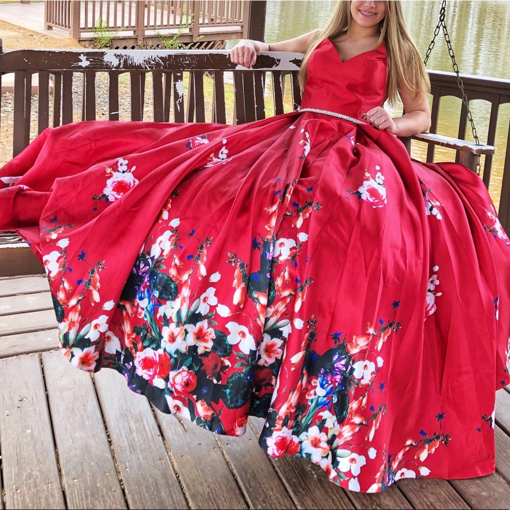 Red Floral print Ballgown